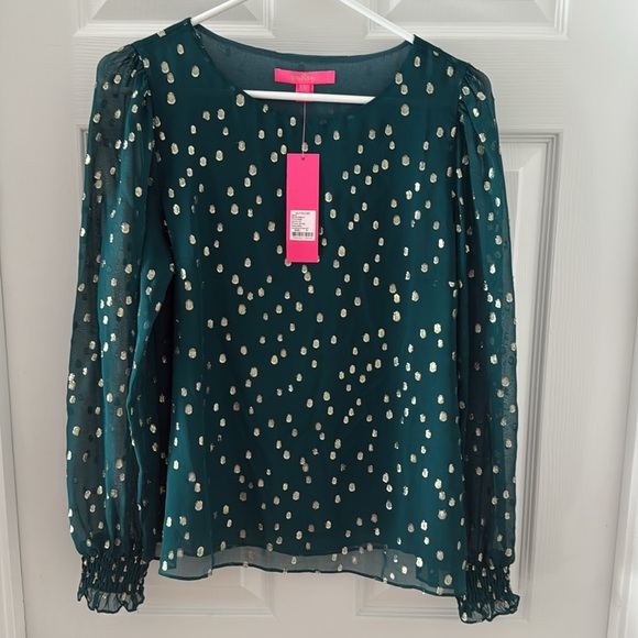 🌟 NWT 🌟 Lilly Pulitzer 🌟 Spruce Green Blouse with Gold Polka Dots 🌟 Small - Picture 2 of 10